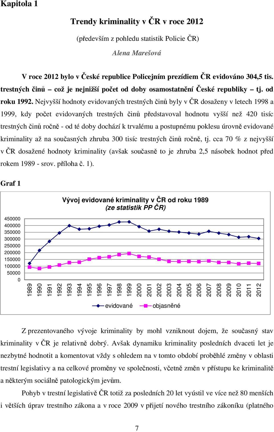 Nejvyšší hodnoty evidovaných trestných činů byly v ČR dosaženy v letech 1998 a 1999, kdy počet evidovaných trestných činů představoval hodnotu vyšší než 420 tisíc trestných činů ročně - od té doby