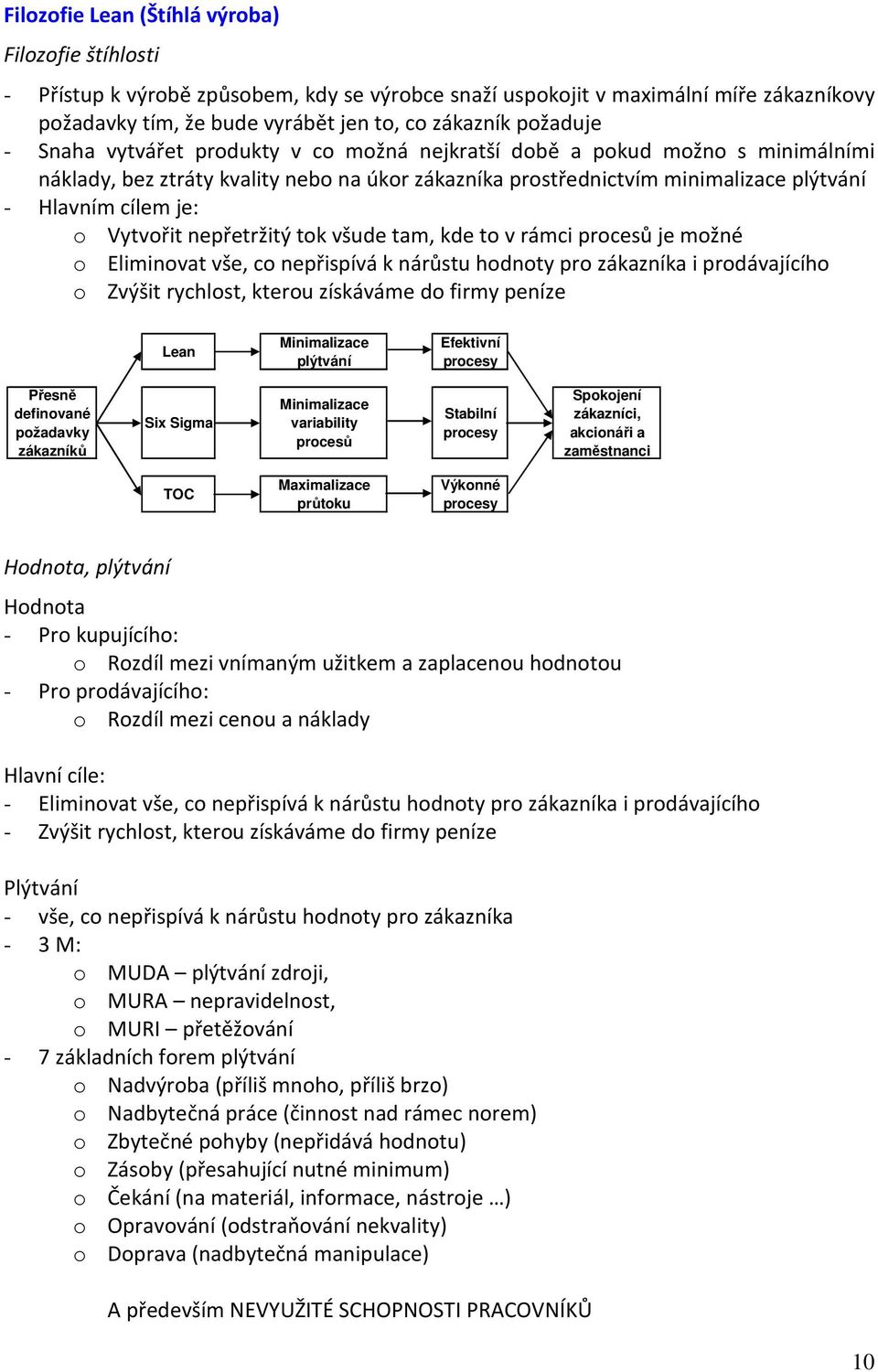 nepřetržitý tok všude tam, kde to v rámci procesů je možné o Eliminovat vše, co nepřispívá k nárůstu hodnoty pro zákazníka i prodávajícího o Zvýšit rychlost, kterou získáváme do firmy peníze Lean