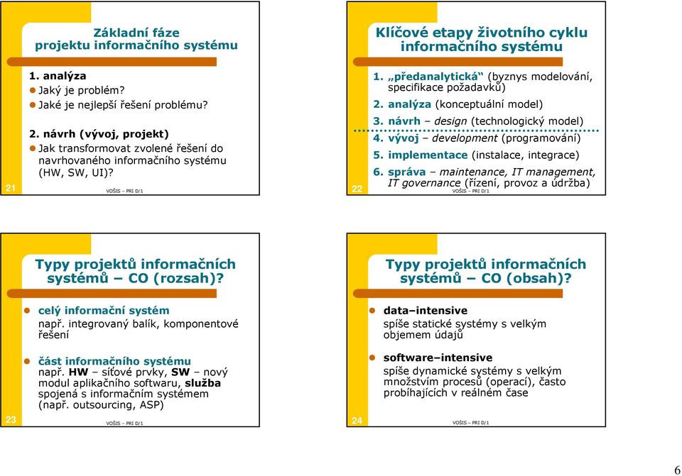 vývoj development (programování) 5. implementace (instalace, integrace) 6. správa maintenance, IT management, IT governance (řízení, provoz a údržba) Typy projektů informačních systémů CO (rozsah)?