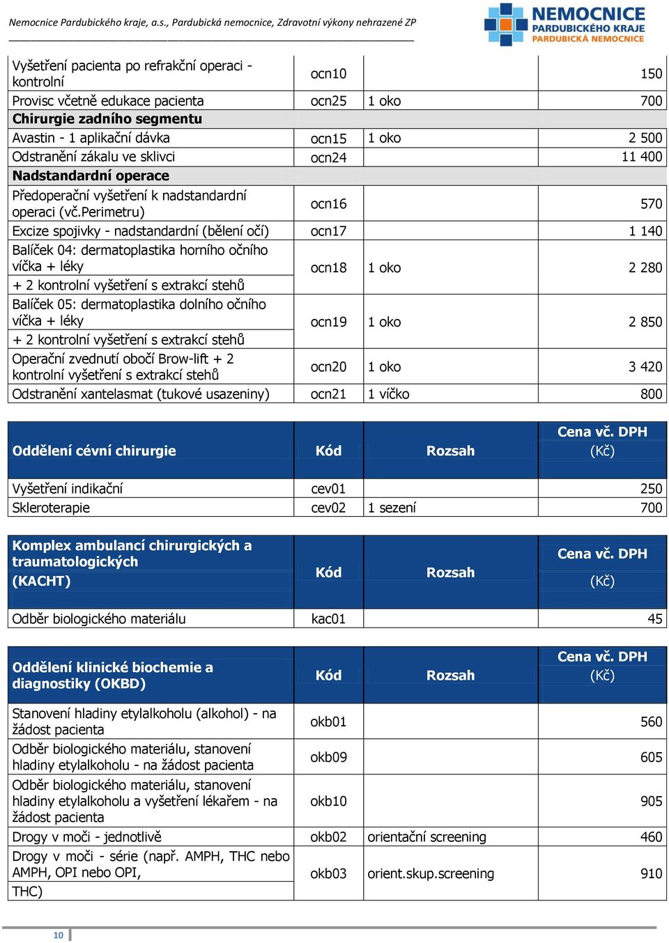 perimetru) ocn16 570 Excize spojivky - nadstandardní (bělení očí) ocn17 1 140 Balíček 04: dermatoplastika horního očního víčka + léky ocn18 1 oko 2 280 + 2 kontrolní vyšetření s extrakcí stehů