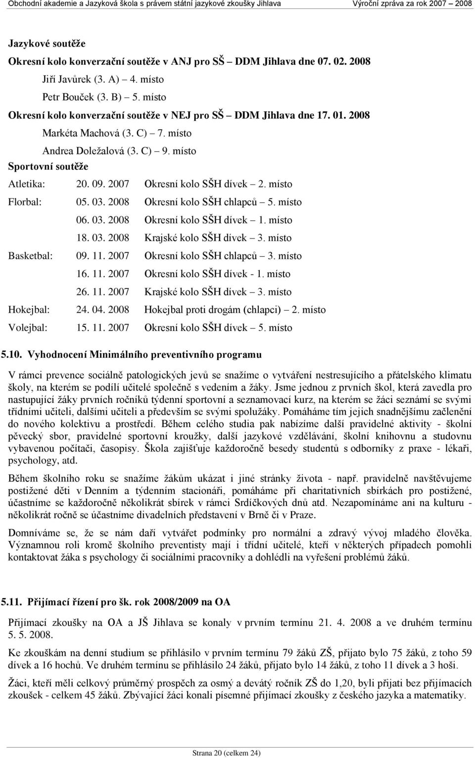 2007 Okresní kolo SŠH dívek 2. místo Florbal: 05. 03. 2008 Okresní kolo SŠH chlapců 5. místo 06. 03. 2008 Okresní kolo SŠH dívek 1. místo 18. 03. 2008 Krajské kolo SŠH dívek 3. místo Basketbal: 09.