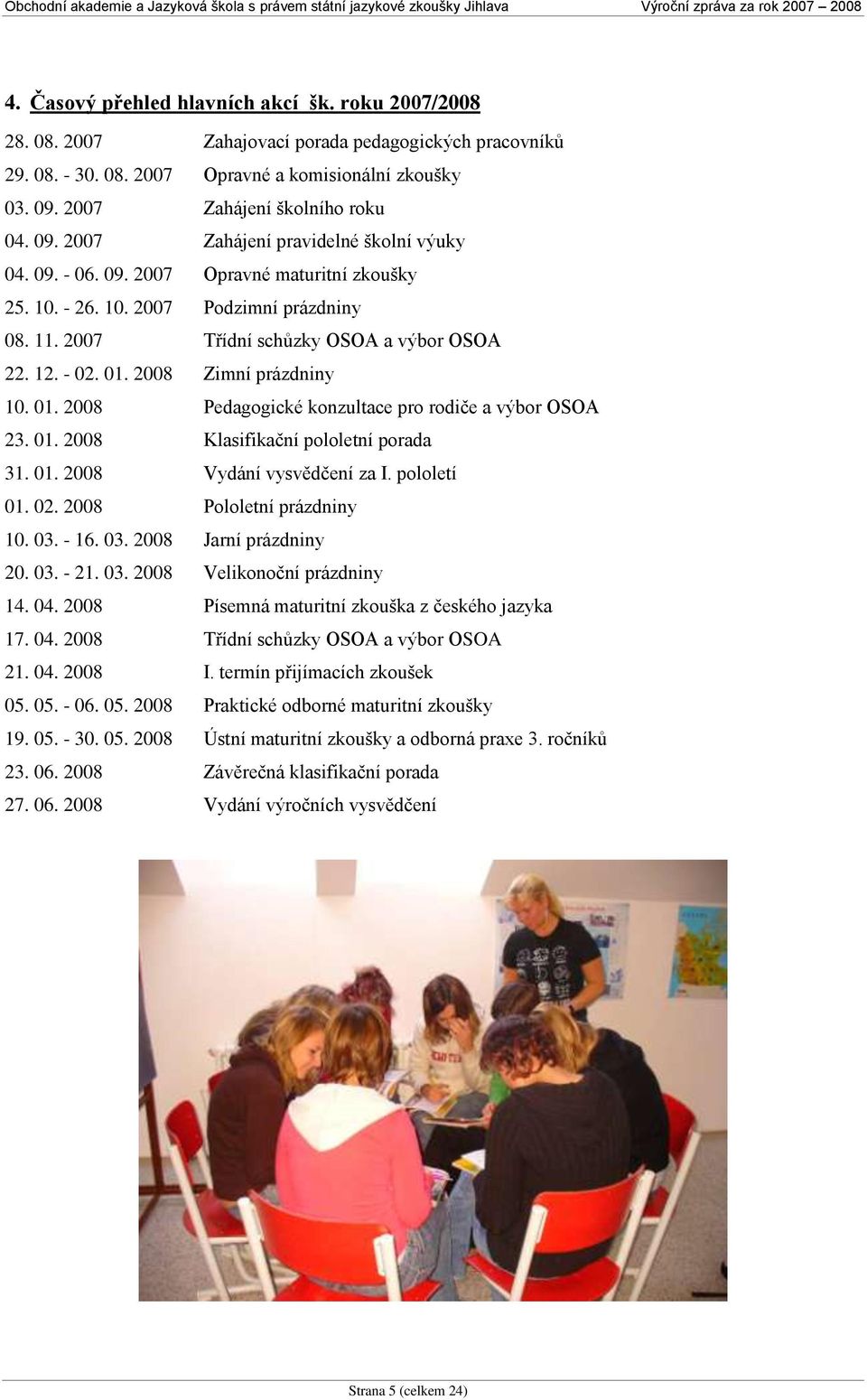 2008 Zimní prázdniny 10. 01. 2008 Pedagogické konzultace pro rodiče a výbor OSOA 23. 01. 2008 Klasifikační pololetní porada 31. 01. 2008 Vydání vysvědčení za I. pololetí 01. 02.