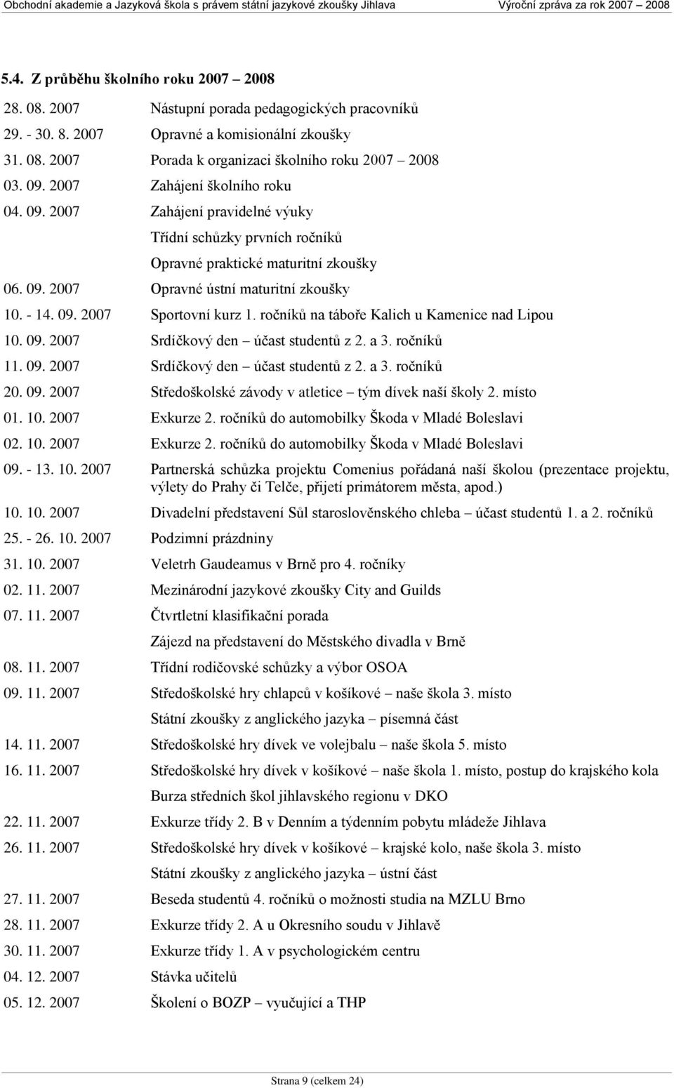 ročníků na táboře Kalich u Kamenice nad Lipou 10. 09. 2007 Srdíčkový den účast studentů z 2. a 3. ročníků 11. 09. 2007 Srdíčkový den účast studentů z 2. a 3. ročníků 20. 09. 2007 Středoškolské závody v atletice tým dívek naší školy 2.