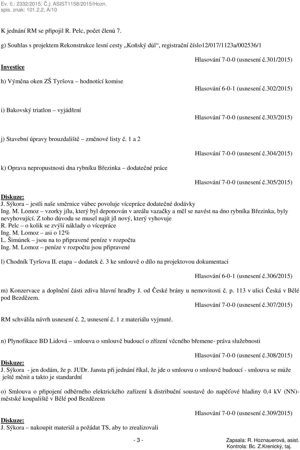 301/2015) Hlasování 6-0-1 (usnesení č.302/2015) i) Bakovský triatlon vyjádření Hlasování 7-0-0 (usnesení č.303/2015) j) Stavební úpravy brouzdaliště změnové listy č. 1 a 2 Hlasování 7-0-0 (usnesení č.
