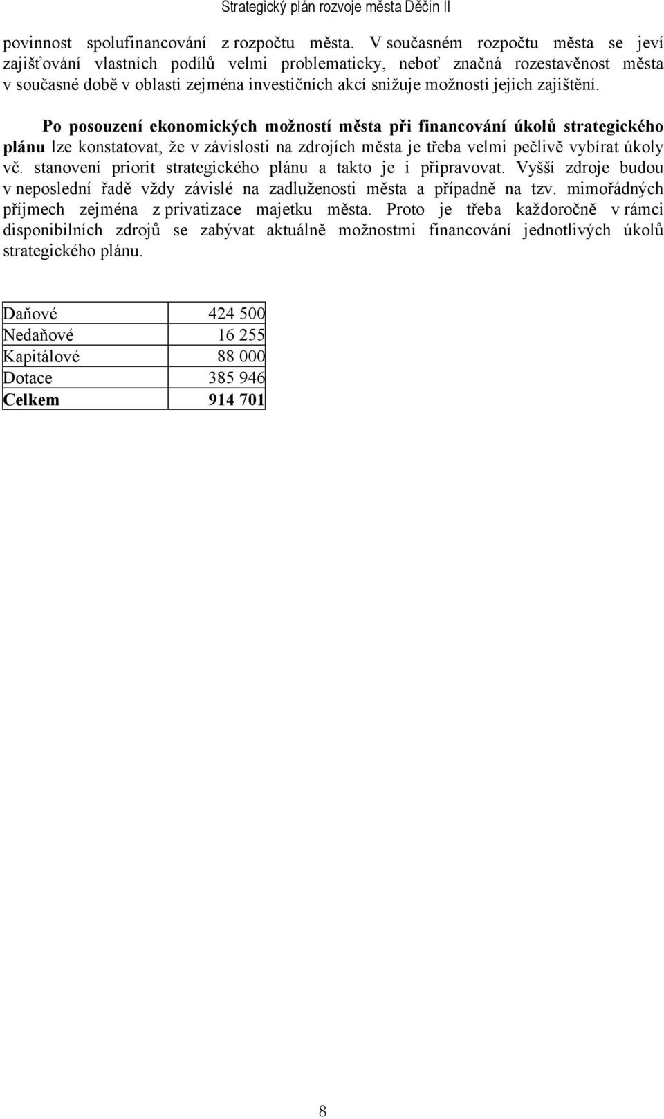 zajištění. Po posouzení ekonomických možností města při financování úkolů strategického plánu lze konstatovat, že v závislosti na zdrojích města je třeba velmi pečlivě vybírat úkoly vč.
