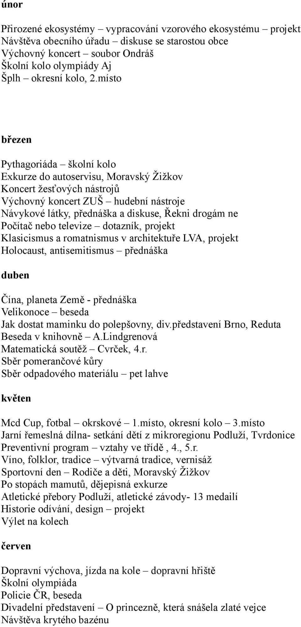 Počítač nebo televize dotazník, projekt Klasicismus a romatnismus v architektuře LVA, projekt Holocaust, antisemitismus přednáška duben Čína, planeta Země - přednáška Velikonoce beseda Jak dostat