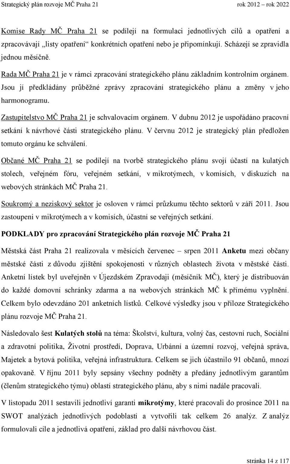 Zastupitelstvo MČ Praha 21 je schvalovacím orgánem. V dubnu 2012 je uspořádáno pracovní setkání k návrhové části strategického plánu.