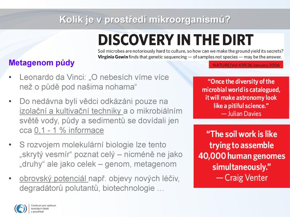 na izolační a kultivační techniky a o mikrobiálním světě vody, půdy a sedimentů se dovídali jen cca 0,1-1 % informace S