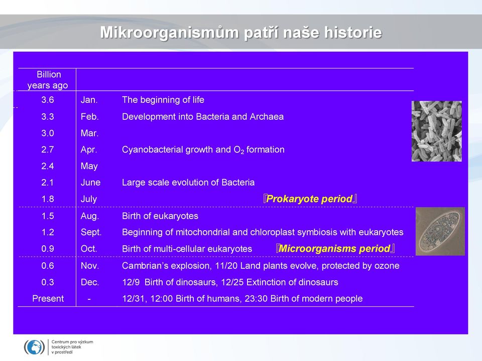 Beginning of mitochondrial and chloroplast symbiosis with eukaryotes 0.9 Oct. Birth of multi-cellular eukaryotes Microorganisms period 0.6 Nov.