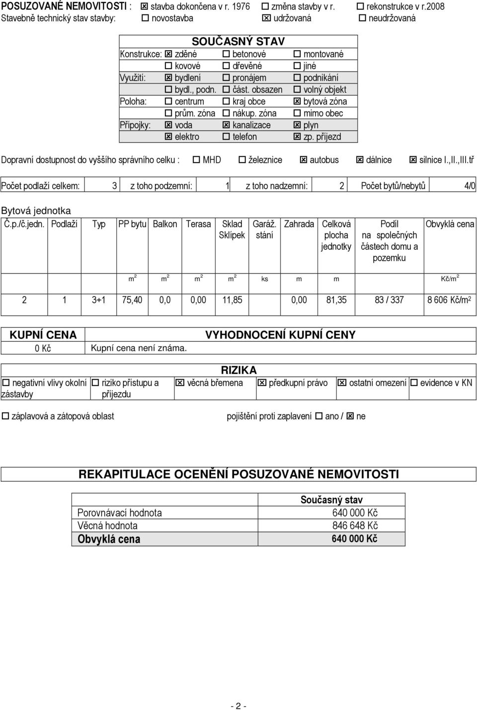 obsazen volný objekt Poloha: centrum kraj obce bytová zóna prům. zóna nákup. zóna mimo obec Přípojky: voda kanalizace plyn elektro telefon zp.