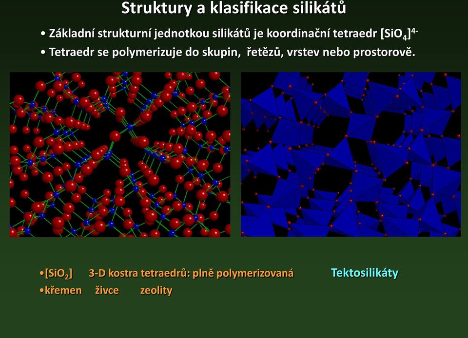 polymerizuje do skupin, řetězů, vrstev nebo prostorově.