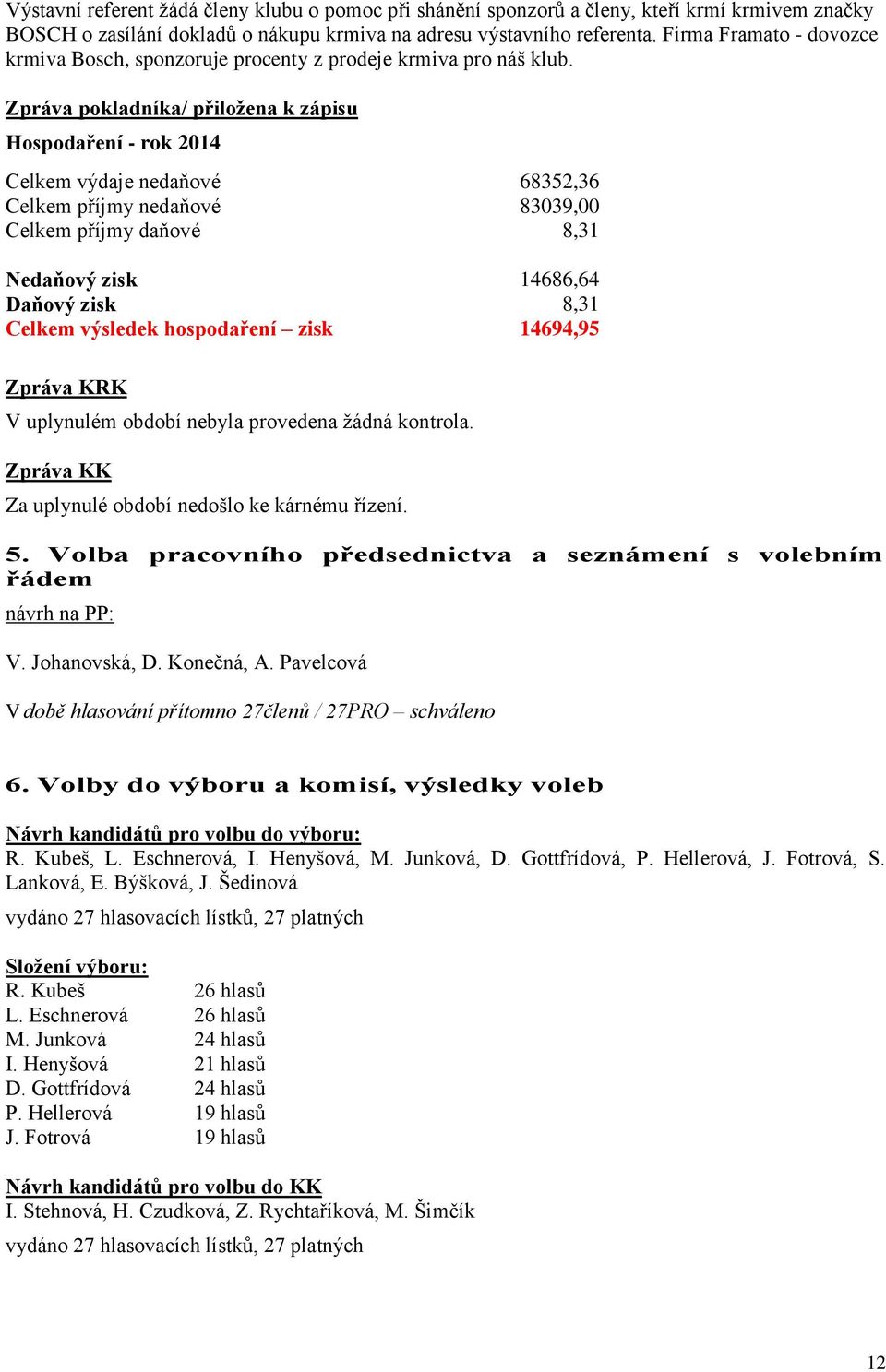 Zpráva pokladníka/ přiložena k zápisu Hospodaření - rok 2014 Celkem výdaje nedaňové 68352,36 Celkem příjmy nedaňové 83039,00 Celkem příjmy daňové 8,31 Nedaňový zisk 14686,64 Daňový zisk 8,31 Celkem