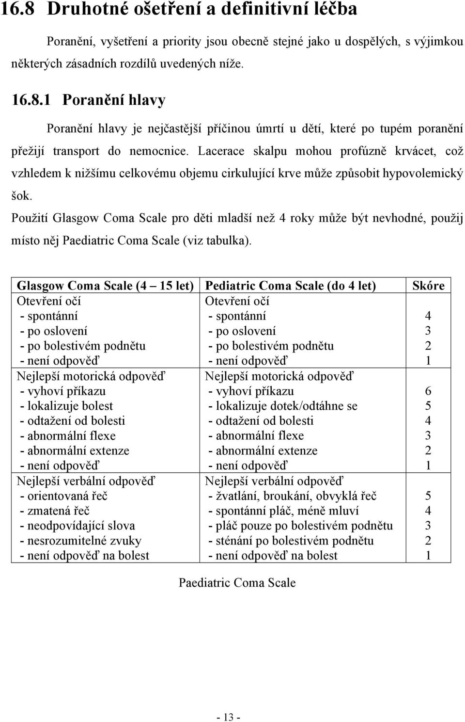 Použití Glasgow Coma Scale pro děti mladší než 4 roky může být nevhodné, použij místo něj Paediatric Coma Scale (viz tabulka).