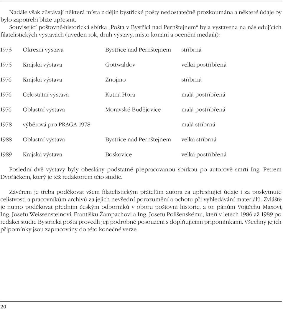 Okresní výstava Bystřice nad Pernštejnem stříbrná 1975 Krajská výstava Gottwaldov velká postříbřená 1976 Krajská výstava Znojmo stříbrná 1976 Celostátní výstava Kutná Hora malá postříbřená 1976