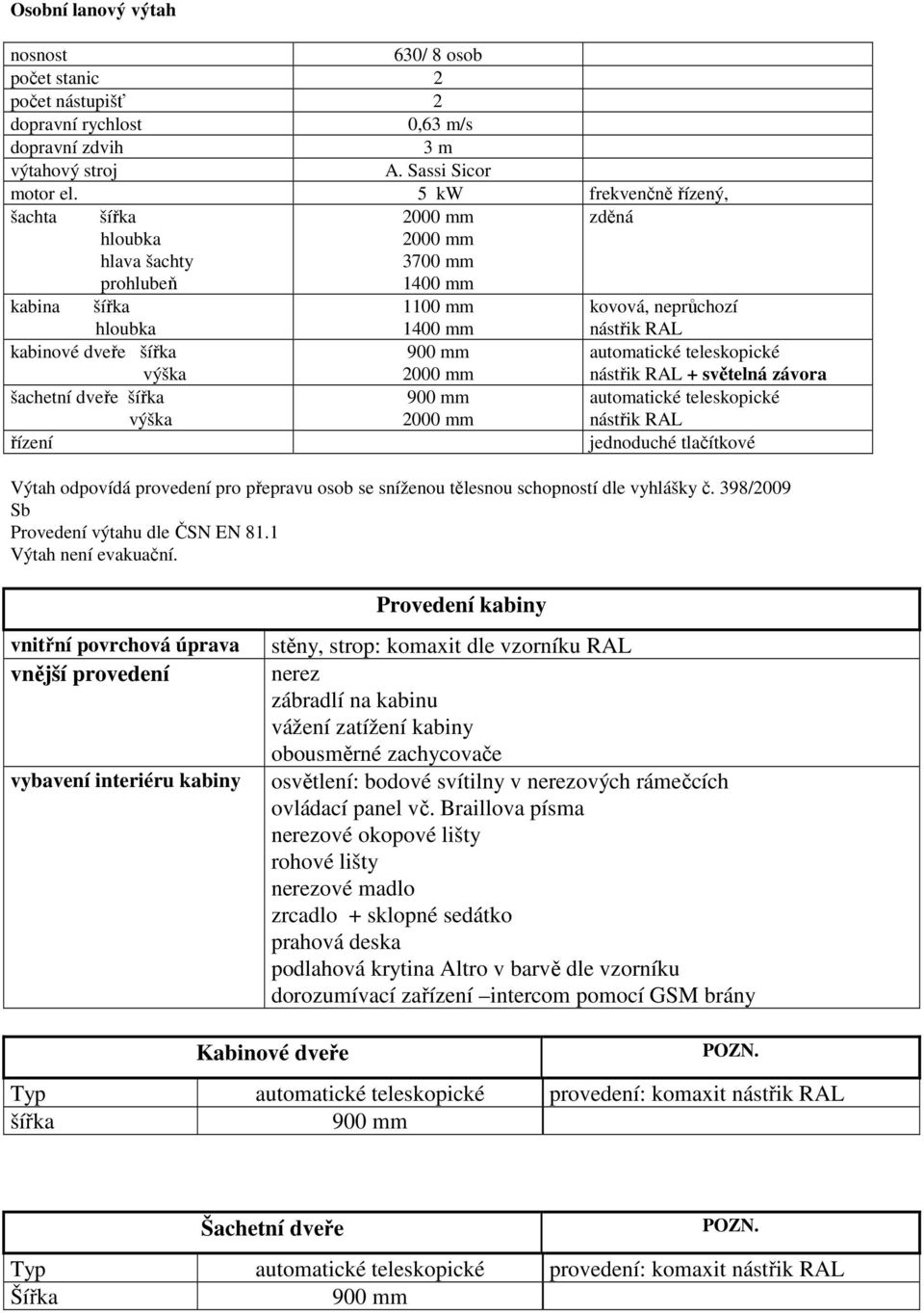 mm automatické teleskopické výška šachetní dveře šířka výška řízení 2000 mm 900 mm 2000 mm nástřik RAL + světelná závora automatické teleskopické nástřik RAL jednoduché tlačítkové Výtah odpovídá