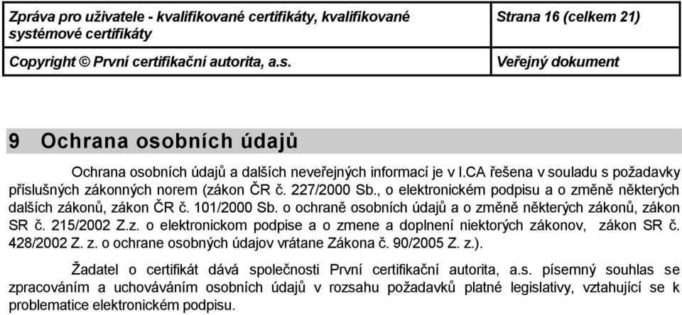 chraně sbních údajů a změně některých záknů, zákn SR č. 215/2002 Z.z. elektrnickm pdpise a zmene a dplnení niektrých záknv, zákn SR č. 428/2002 Z. z. chrane sbných údajv vrátane Zákna č.