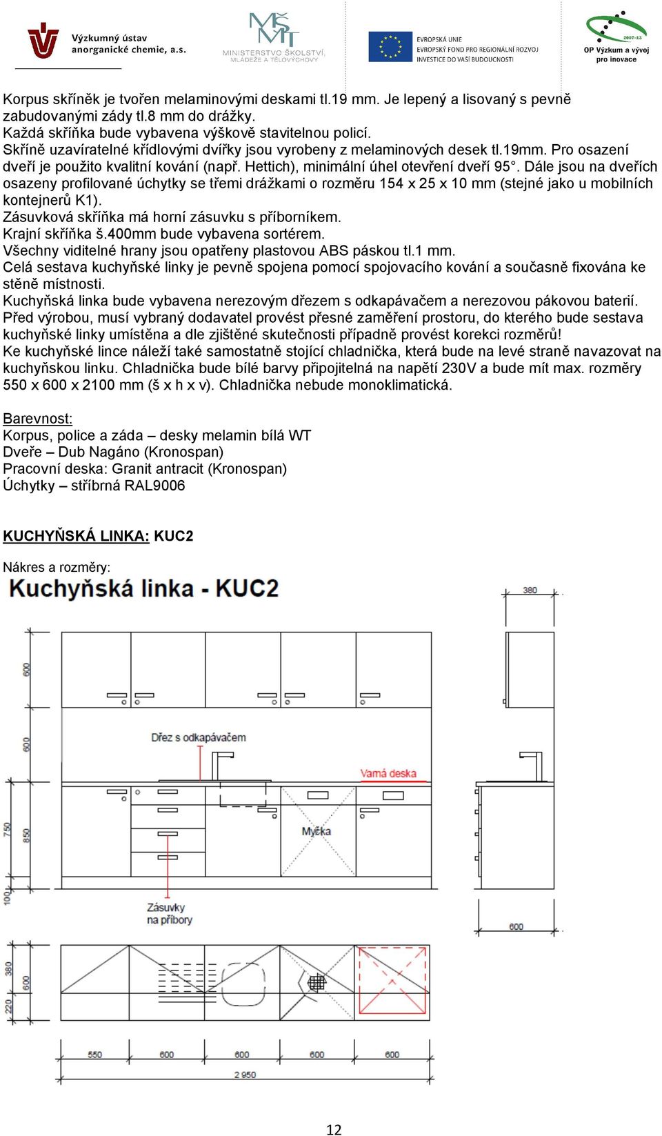 Dále jsou na dveřích osazeny profilované úchytky se třemi drážkami o rozměru 154 x 25 x 10 mm (stejné jako u mobilních kontejnerů K1). Zásuvková skříňka má horní zásuvku s příborníkem.