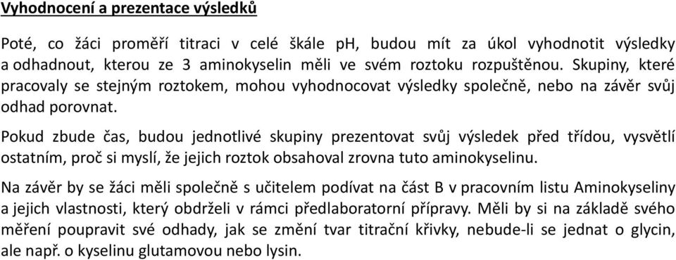 Pokud zbude čas, budou jednotlivé skupiny prezentovat svůj výsledek před třídou, vysvětlí ostatním, proč si myslí, že jejich roztok obsahoval zrovna tuto aminokyselinu.