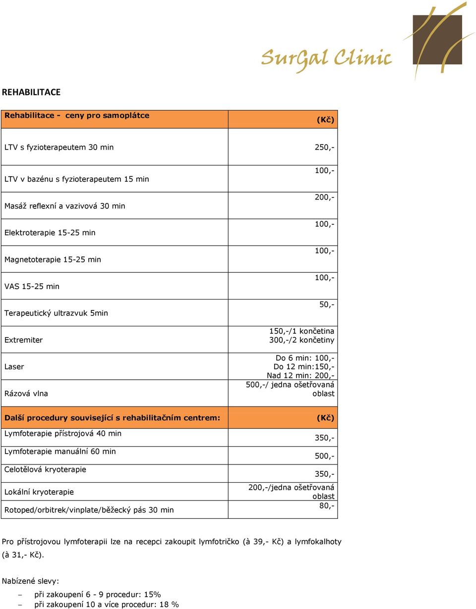 procedury související s rehabilitačním centrem: Lymfoterapie přístrojová 40 min Lymfoterapie manuální 60 min Celotělová kryoterapie Lokální kryoterapie Rotoped/orbitrek/vinplate/běžecký pás 30 min