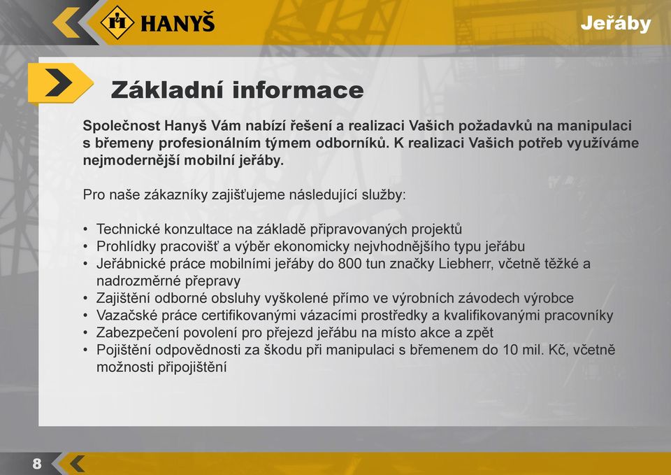 Pro naše zákazníky zajišťujeme následující služby: Technické konzultace na základě připravovaných projektů Prohlídky pracovišť a výběr ekonomicky nejvhodnějšího typu jeřábu Jeřábnické práce mobilními