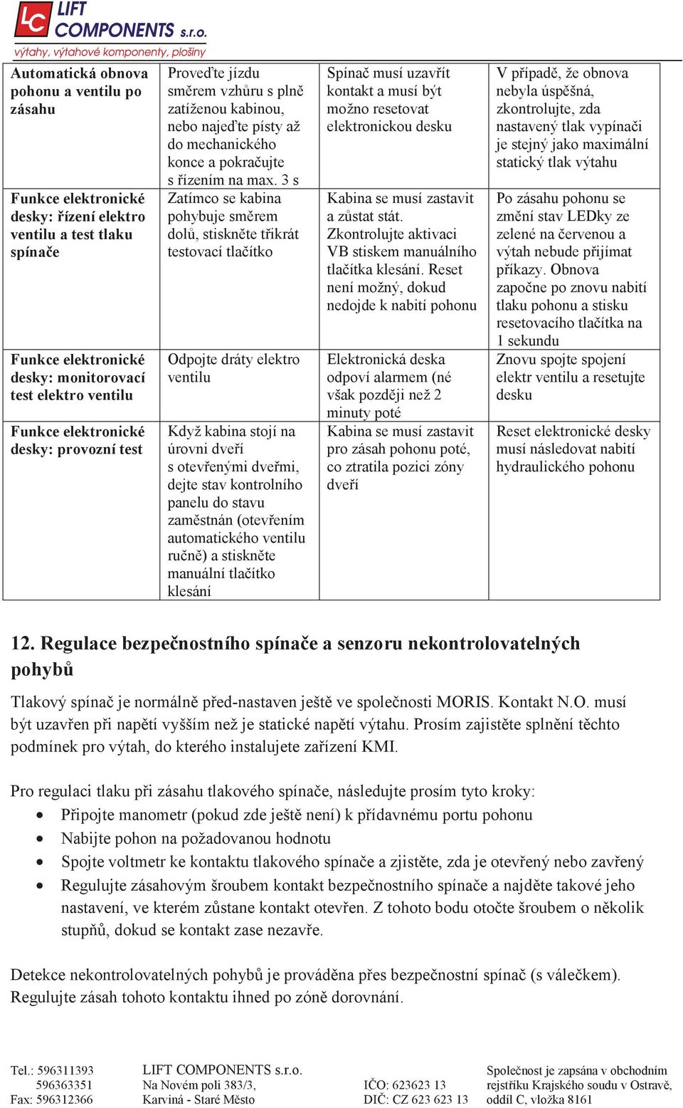 3 s Zatímco se kabina pohybuje sm rem dol, stiskn te t ikrát testovací tla ítko Odpojte dráty elektro ventilu Když kabina stojí na úrovni dve í s otev enými dve mi, dejte stav kontrolního panelu do