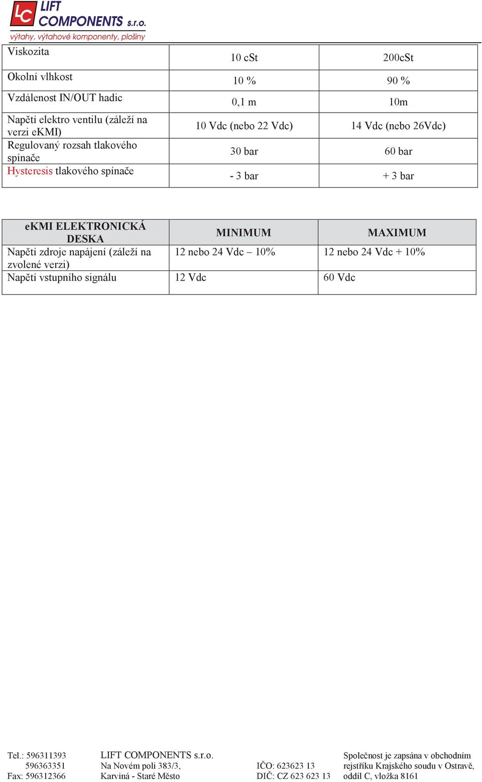 14 Vdc (nebo 26Vdc) 30 bar 60 bar - 3 bar + 3 bar ekmi ELEKTRONICKÁ DESKA MINIMUM MAXIMUM Nap tí zdroje