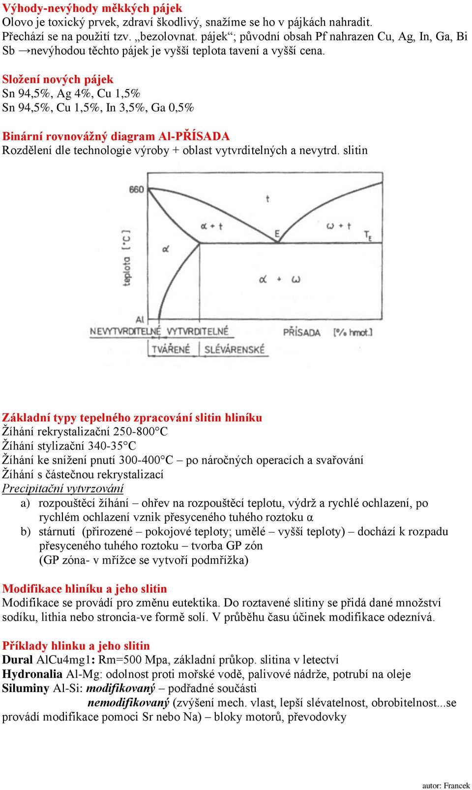 Složení nových pájek Sn 94,5%, Ag 4%, Cu 1,5% Sn 94,5%, Cu 1,5%, In 3,5%, Ga 0,5% Binární rovnovážný diagram Al-PŘÍSADA Rozdělení dle technologie výroby + oblast vytvrditelných a nevytrd.