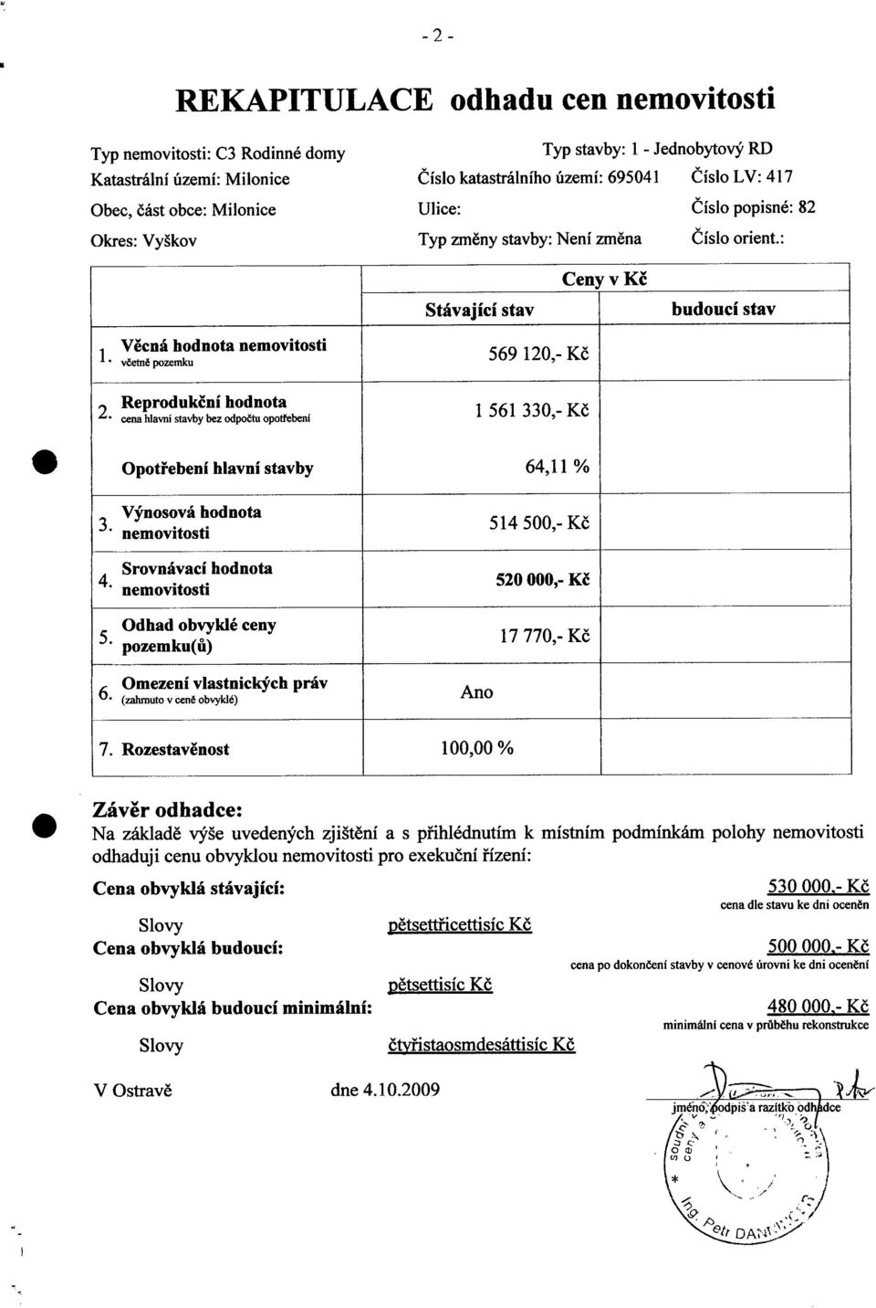 včetně pozemlu 569 120,- Kč 2 Reprodukční hodnota 1 561 330,- Kč cena hlavní stavby bez odpočtu opotřebení Typ změny stavby: Není zm ěna Číslo orient.: Ceny v Kč Stávající stav budoucí stav.