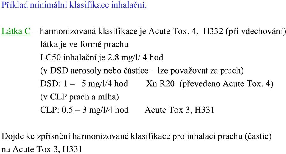 8 mg/l/ 4 hod (v DSD aerosoly nebo částice lze povaţovat za prach) DSD: 1 5 mg/l/4 hod Xn R20 (převedeno