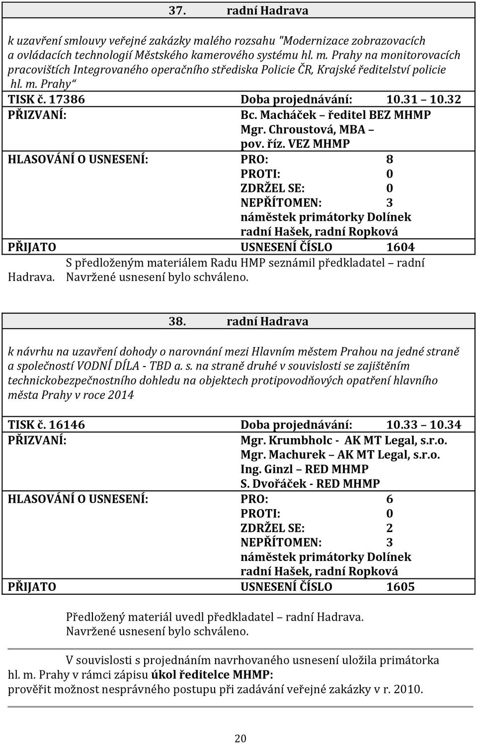 VEZ MHMP PŘIJATO USNESENÍ ČÍSLO 1604 S předloženým materiálem Radu HMP seznámil předkladatel radní Hadrava. 38.