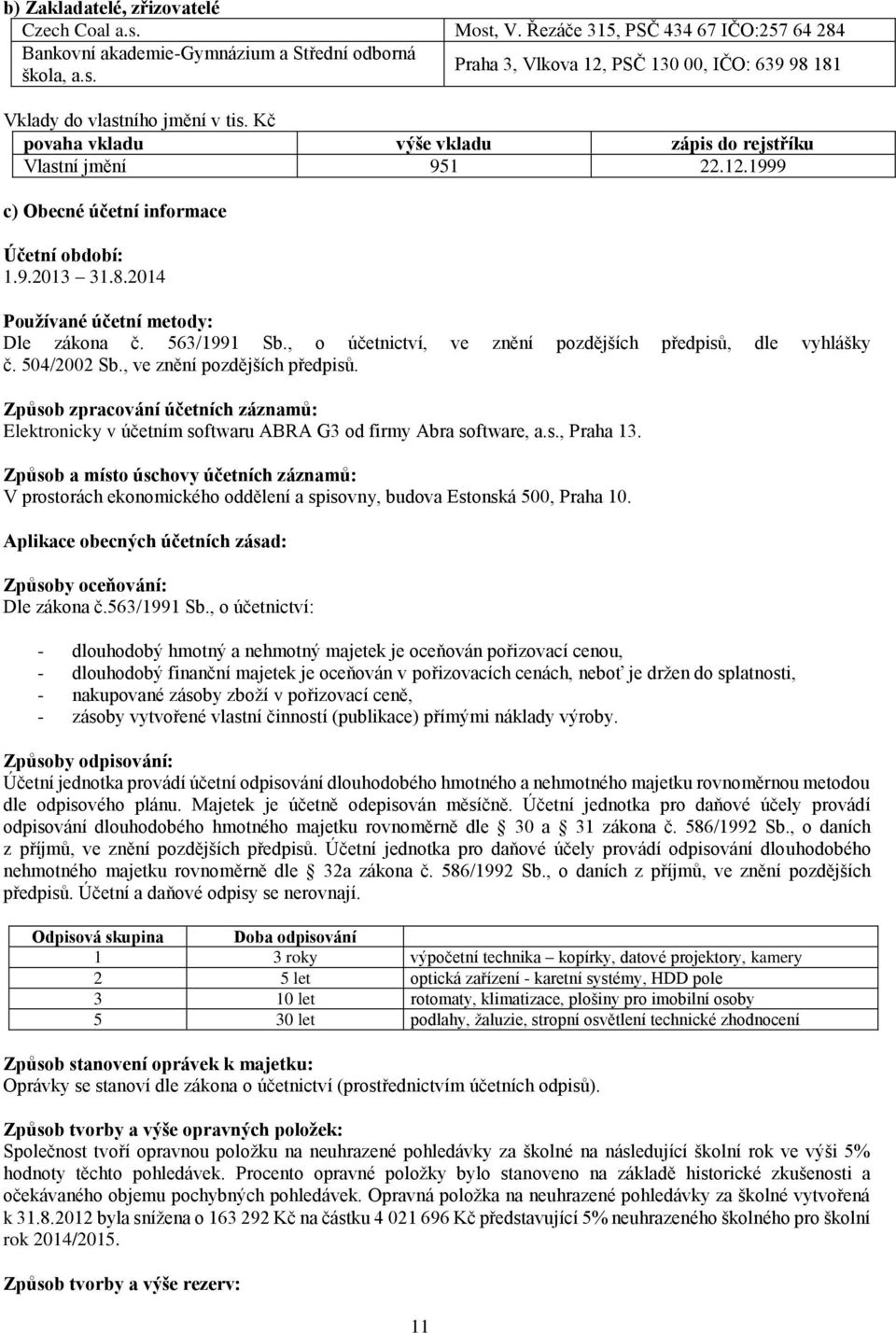 , o účetnictví, ve znění pozdějších předpisů, dle vyhlášky č. 504/2002 Sb., ve znění pozdějších předpisů. Způsob zpracování účetních záznamů: Elektronicky v účetním softwaru ABRA G3 od firmy Abra software, a.