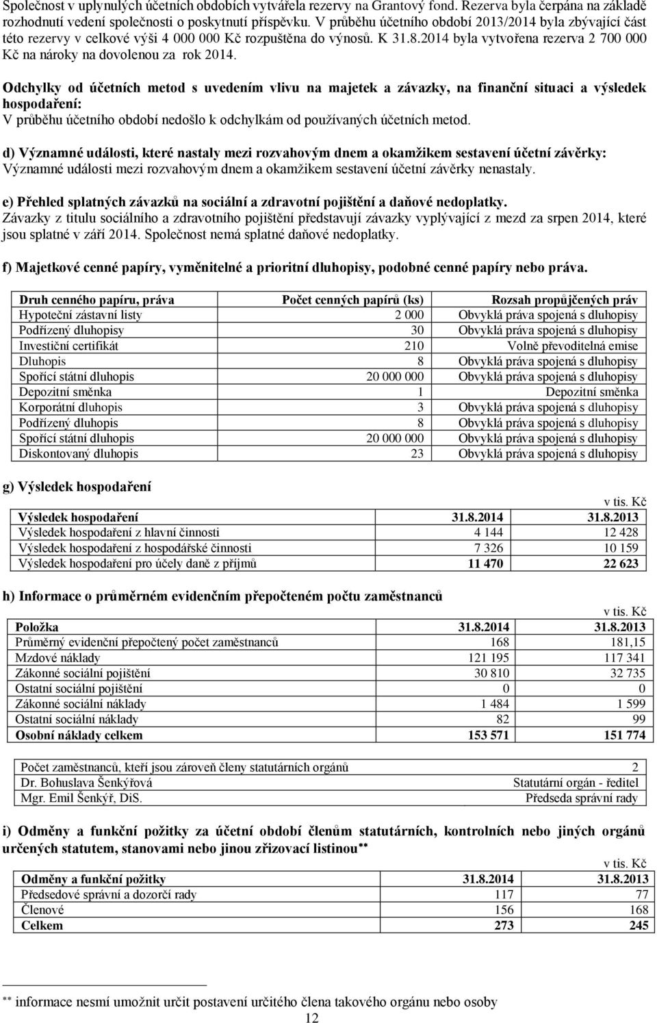 2014 byla vytvořena rezerva 2 700 000 Kč na nároky na dovolenou za rok 2014.