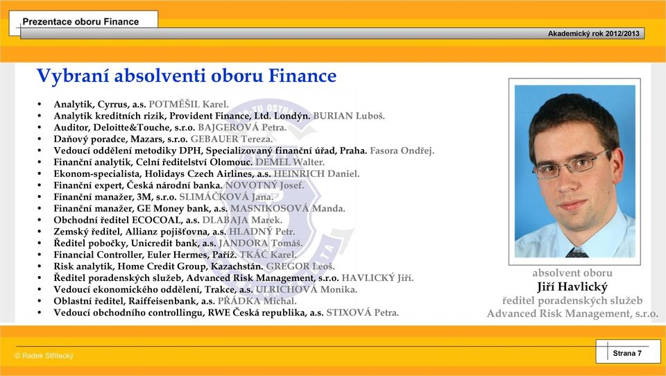 Ekonom-specialista, Holidays Czech Airlines, a.s. HEINRICH Daniel. Finanční expert, Česká národní banka. NOVOTNÝ Josef. Finanční manažer, 3M, s.r.o. SLIMÁČKOVÁ Jana.