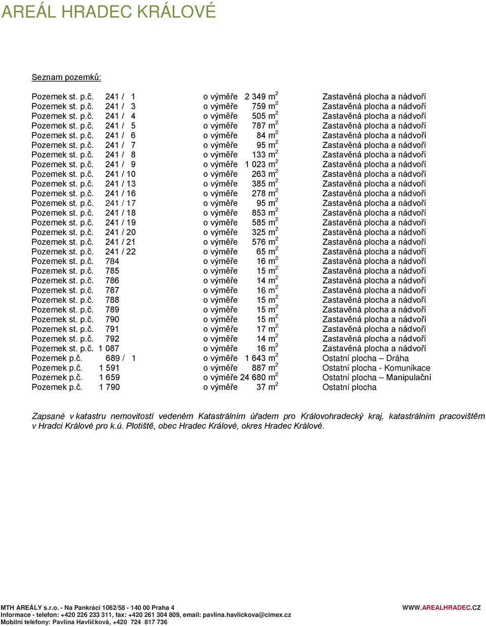 p.č. 241 / 8 o výměře 133 m 2 Zastavěná plocha a nádvoří Pozemek st. p.č. 241 / 9 o výměře 1 023 m 2 Zastavěná plocha a nádvoří Pozemek st. p.č. 241 / 10 o výměře 263 m 2 Zastavěná plocha a nádvoří Pozemek st.