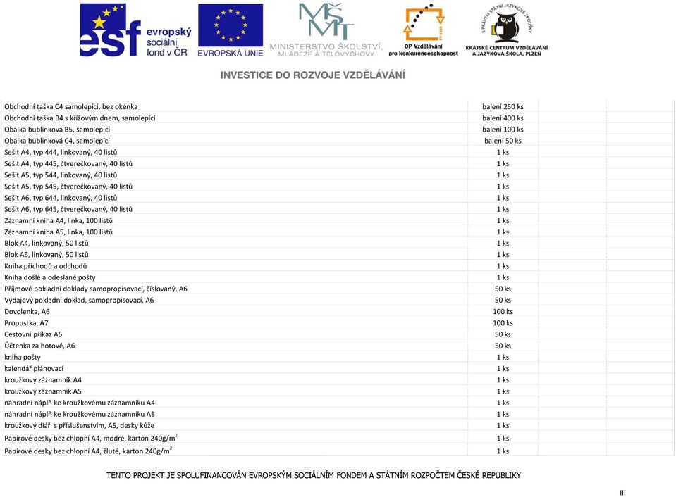 Sešit A6, typ 644, linkovaný, 40 listů 1 ks Sešit A6, typ 645, čtverečkovaný, 40 listů 1 ks Záznamní kniha A4, linka, 100 listů 1 ks Záznamní kniha A5, linka, 100 listů 1 ks Blok A4, linkovaný, 50