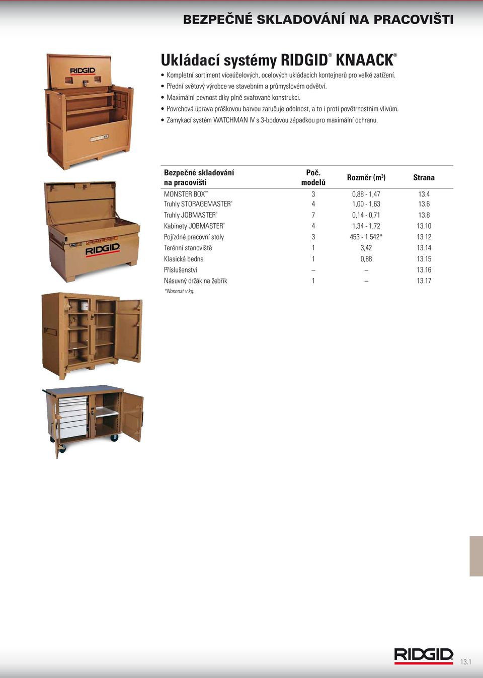 Zamykací systém WATCHMAN IV s 3-bodovou západkou pro maximální ochranu. Bezpečné skladování na pracovišti Poč. modelů Rozměr (m 3 ) Strana MONSTER BOX 3 0,88-1,47 13.