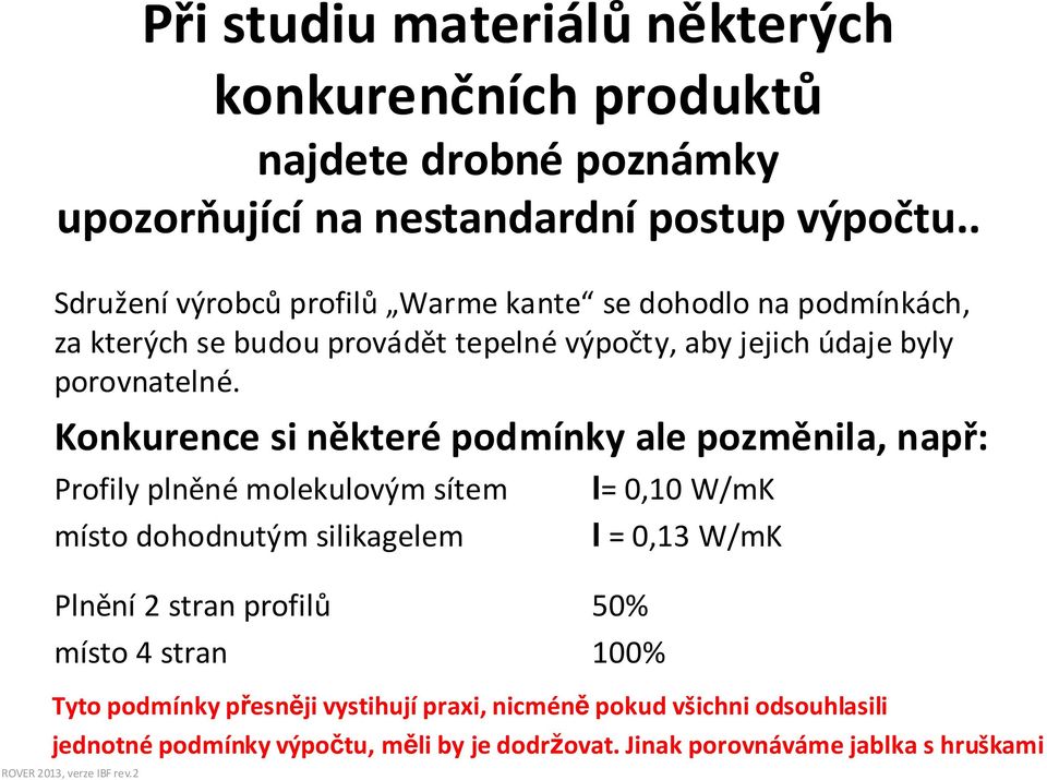 Konkurence si některé podmínky ale pozměnila, např: Profily plněné molekulovým sítem místo dohodnutým silikagelem Plnění 2 stran profilů 50% místo 4