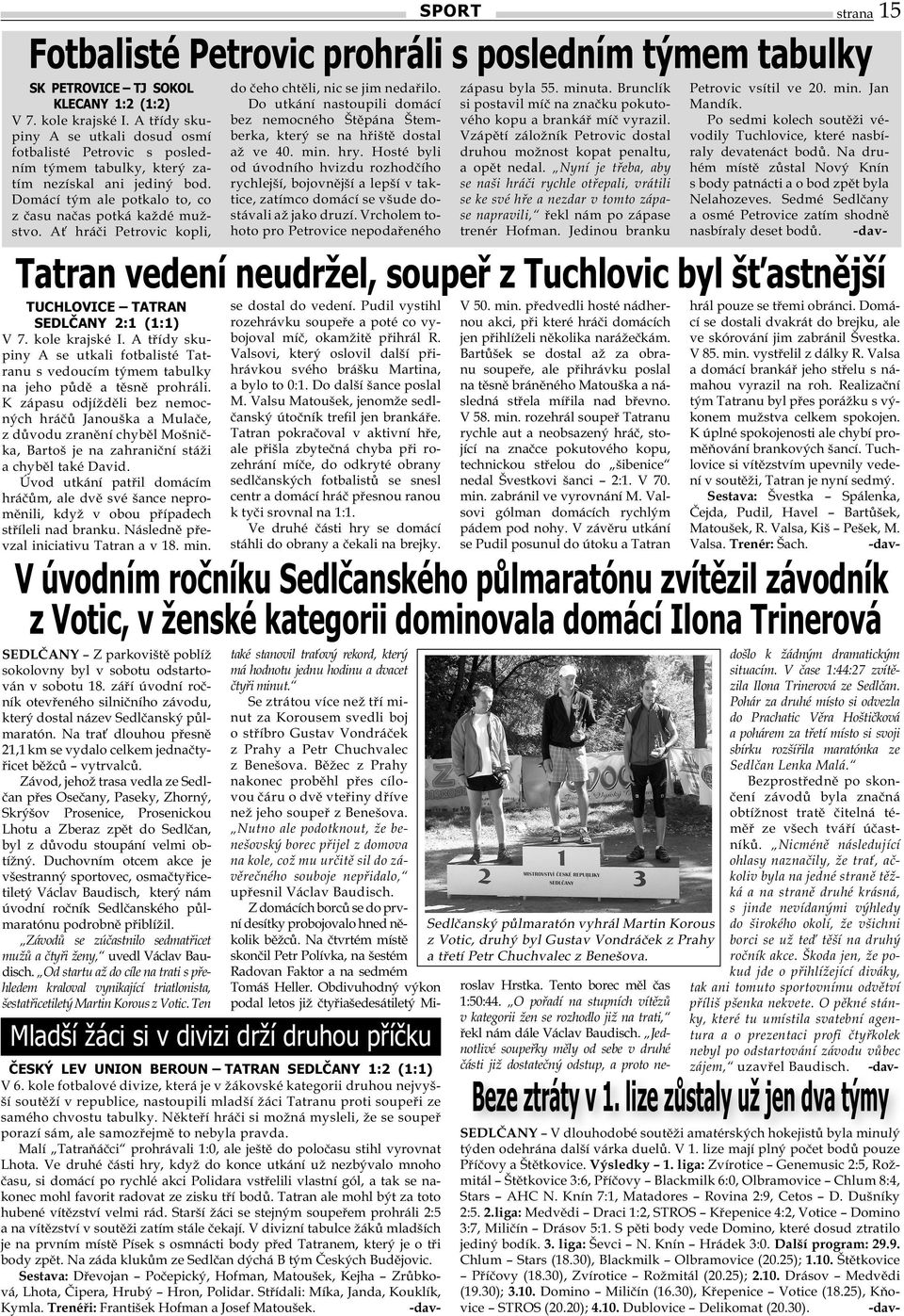 Ať hráči Petrovic kopli, TUCHLOVICE TATRAN SEDLČANY 2:1 (1:1) V 7. kole krajské I. A třídy skupiny A se utkali fotbalisté Tatranu s vedoucím týmem tabulky na jeho půdě a těsně prohráli.