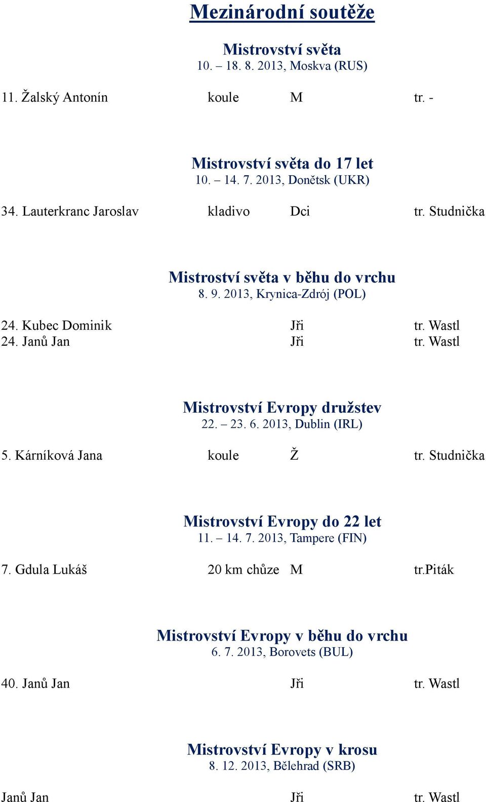 Wastl Mistrovství Evropy družstev 22. 23. 6. 2013, Dublin (IRL) 5. Kárníková Jana koule Ž tr. Studnička Mistrovství Evropy do 22 let 11. 14. 7. 2013, Tampere (FIN) 7.