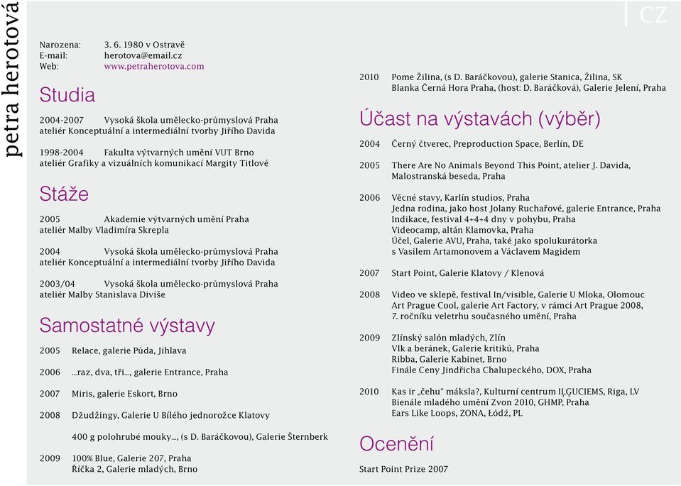 Margity Titlové Stáže 2005 Akademie výtvarných umění Praha ateliér Malby Vladimíra Skrepla 2004 Vysoká škola umělecko-průmyslová Praha ateliér Konceptuální a intermediální tvorby Jiřího Davida