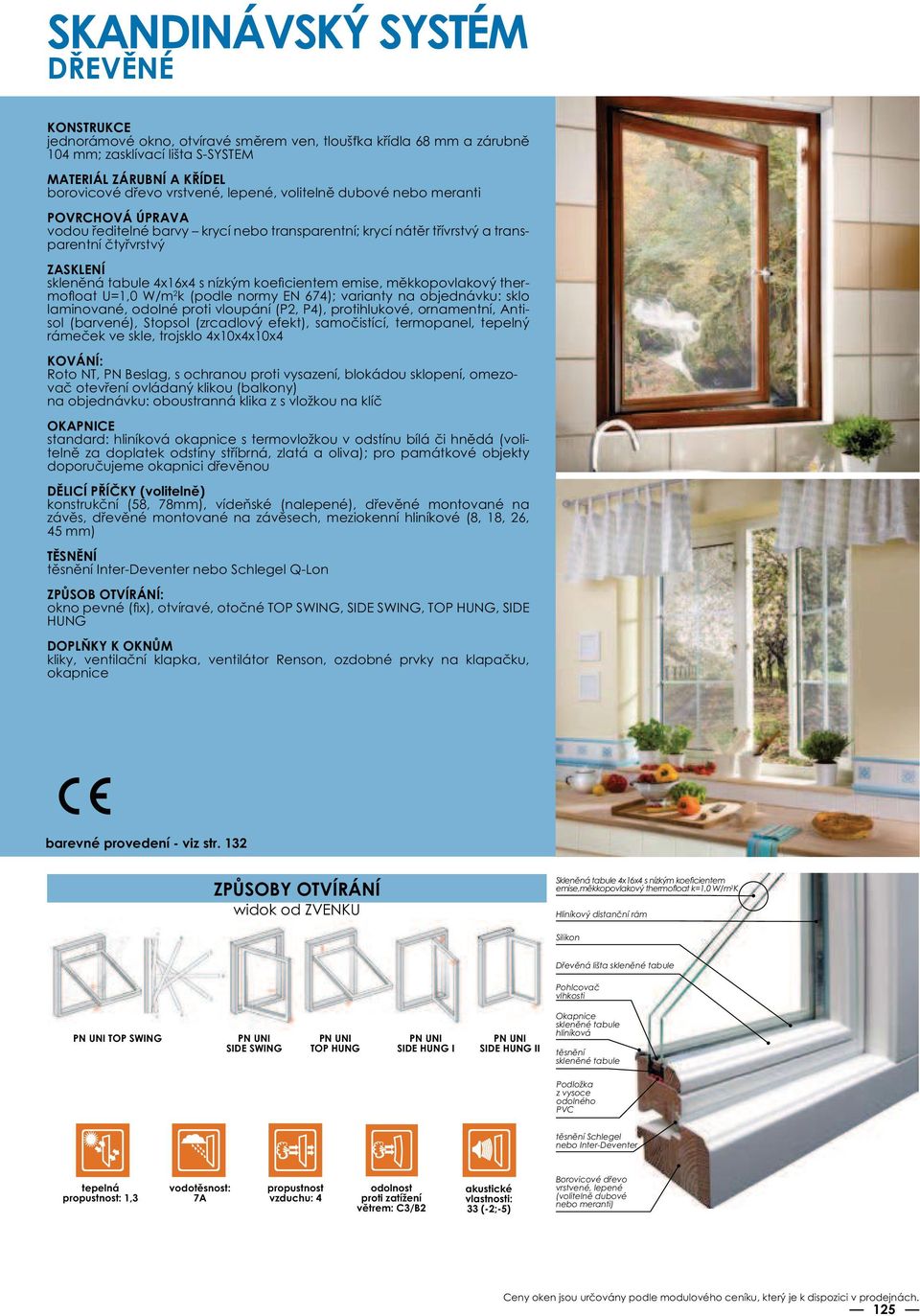 normy EN 674); varianty na objednávku: sklo laminované, odolné proti vloupání (P2, P4), protihlukové, ornamentní, Antisol (barvené), Stopsol (zrcadlový efekt), samočistící, termopanel, tepelný