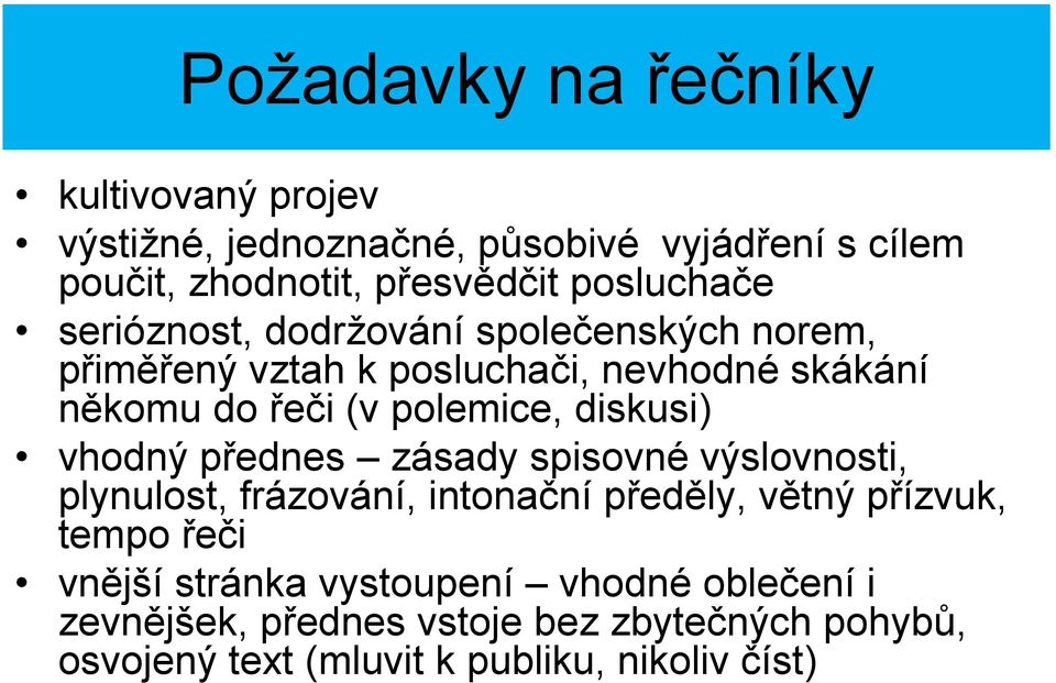 polemice, diskusi) vhodný přednes zásady spisovné výslovnosti, plynulost, frázování, intonační předěly, větný přízvuk, tempo