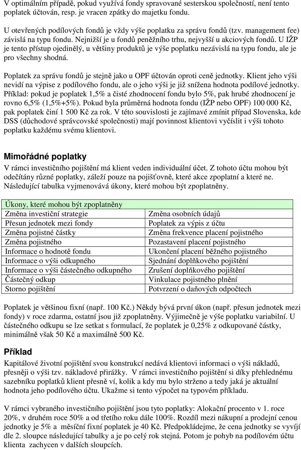 U IŽP je tento přístup ojedinělý, u většiny produktů je výše poplatku nezávislá na typu fondu, ale je pro všechny shodná. Poplatek za správu fondů je stejně jako u OPF účtován oproti ceně jednotky.