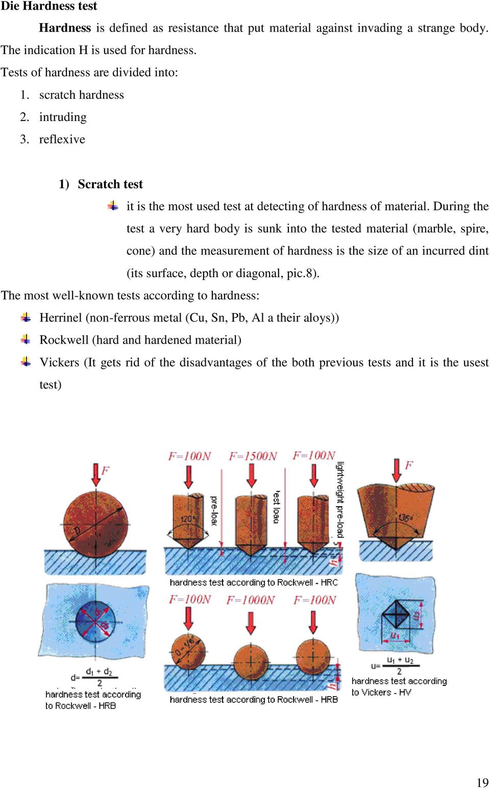 During the test a very hard body is sunk into the tested material (marble, spire, cone) and the measurement of hardness is the size of an incurred dint (its surface, depth or diagonal,