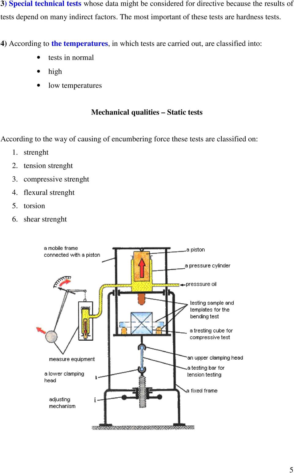 4) According to the temperatures, in which tests are carried out, are classified into: tests in normal high low temperatures