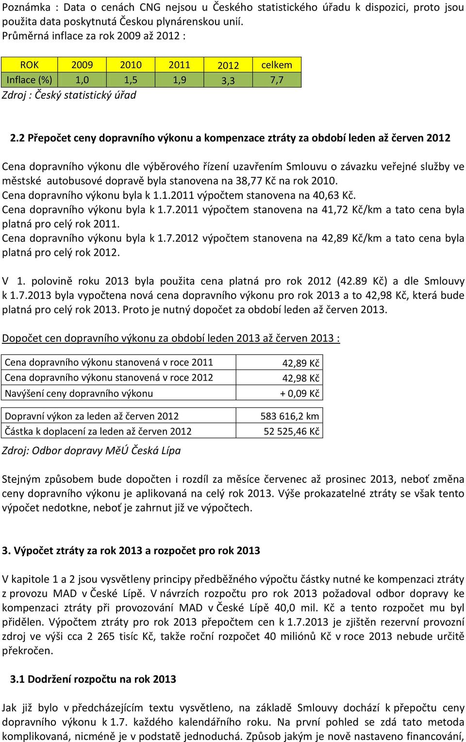 2 Přepočet ceny dopravního výkonu a kompenzace ztráty za období leden až červen 2012 Cena dopravního výkonu dle výběrového řízení uzavřením Smlouvu o závazku veřejné služby ve městské autobusové