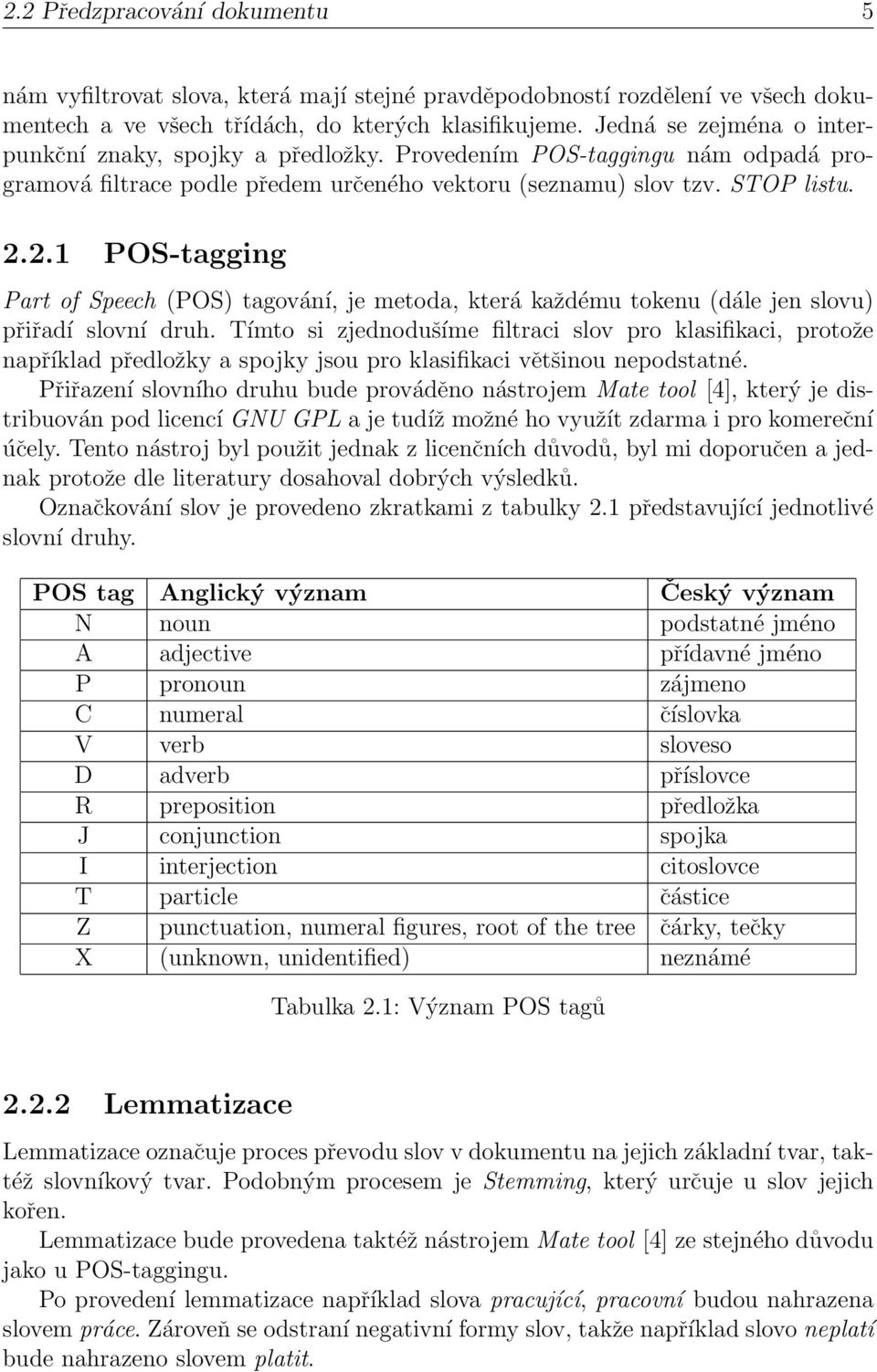 2.1 POS-tagging Part of Speech (POS) tagování, je metoda, která každému tokenu (dále jen slovu) přiřadí slovní druh.