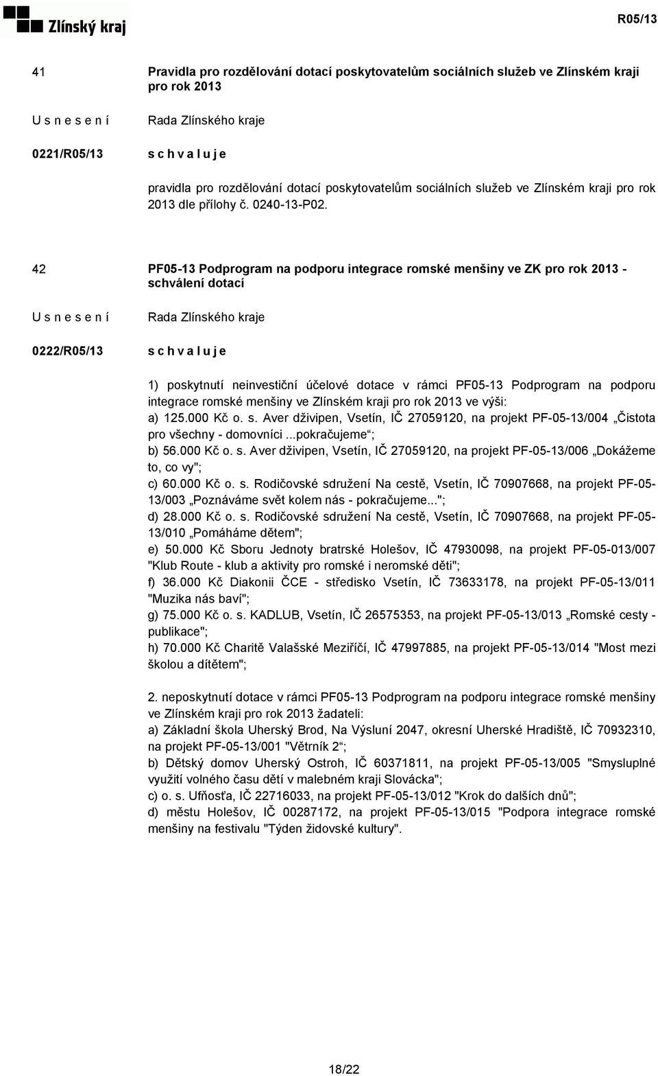 42 PF05-13 Podprogram na podporu integrace romské menšiny ve ZK pro rok 2013 - schválení dotací 0222/R05/13 1) poskytnutí neinvestiční účelové dotace v rámci PF05-13 Podprogram na podporu integrace