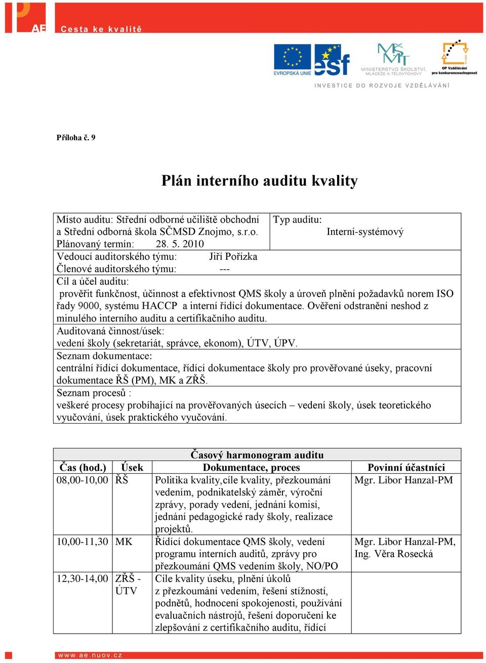 systému HACCP a interní řídící dokumentace. Ověření odstranění neshod z minulého interního auditu a certifikačního auditu.