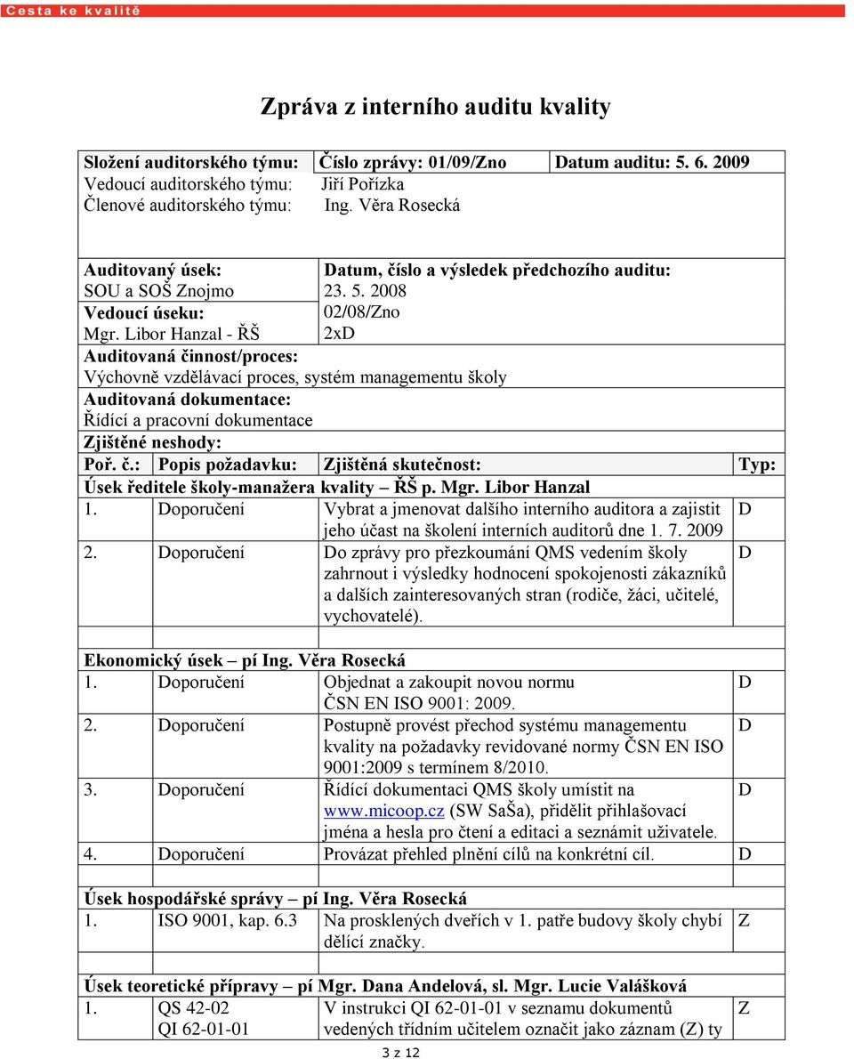 2008 02/08/no 2x Výchovně vzdělávací proces, systém managementu školy Auditovaná dokumentace: Řídící a pracovní dokumentace jištěné neshody: Poř. č.